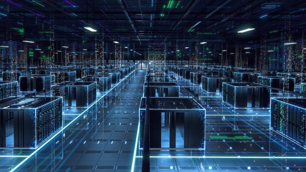 3d,Render:,Big,Data,Technology,Center,Server,Racks,In,Dark