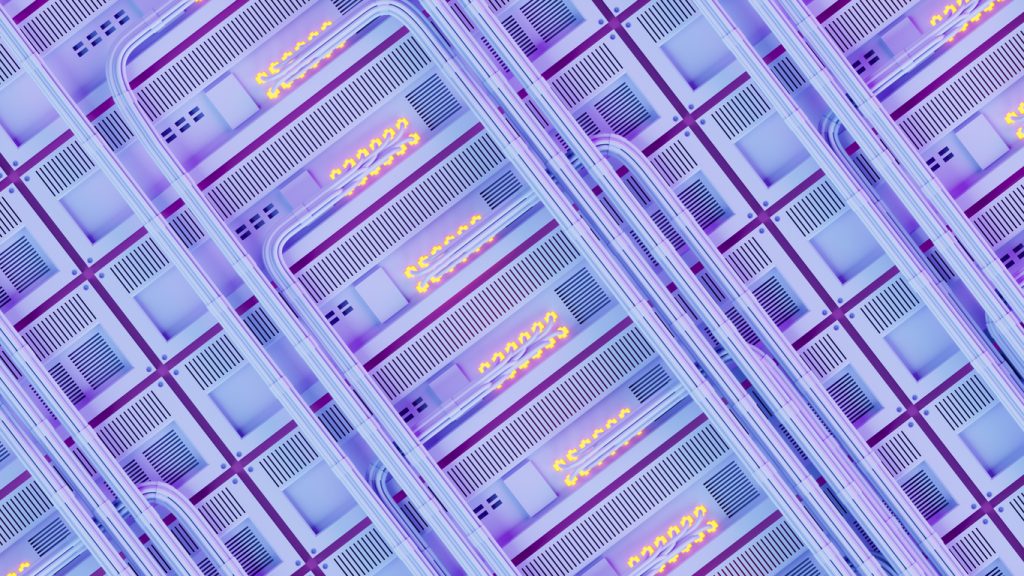 Futuristic Data Center Server Rack with LED Lighting and High-Speed Ethernet Cables, 3D Render of Cloud Computing Infrastructure and Network Connectivity Concept